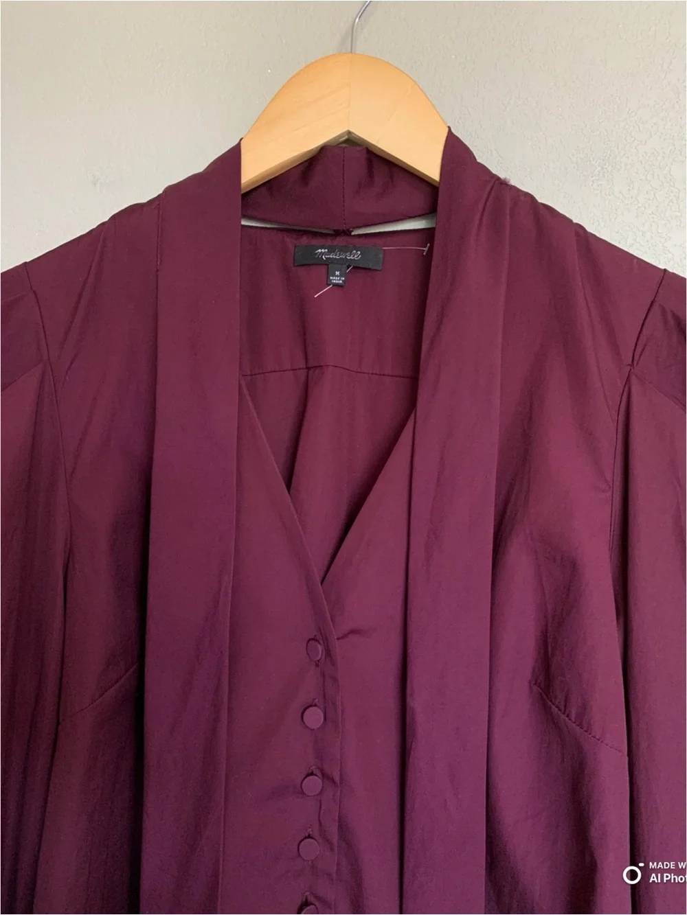 Madewell Medium V-Neck Button Front Top With Neck Tie in Dark Pomegranate NWOT